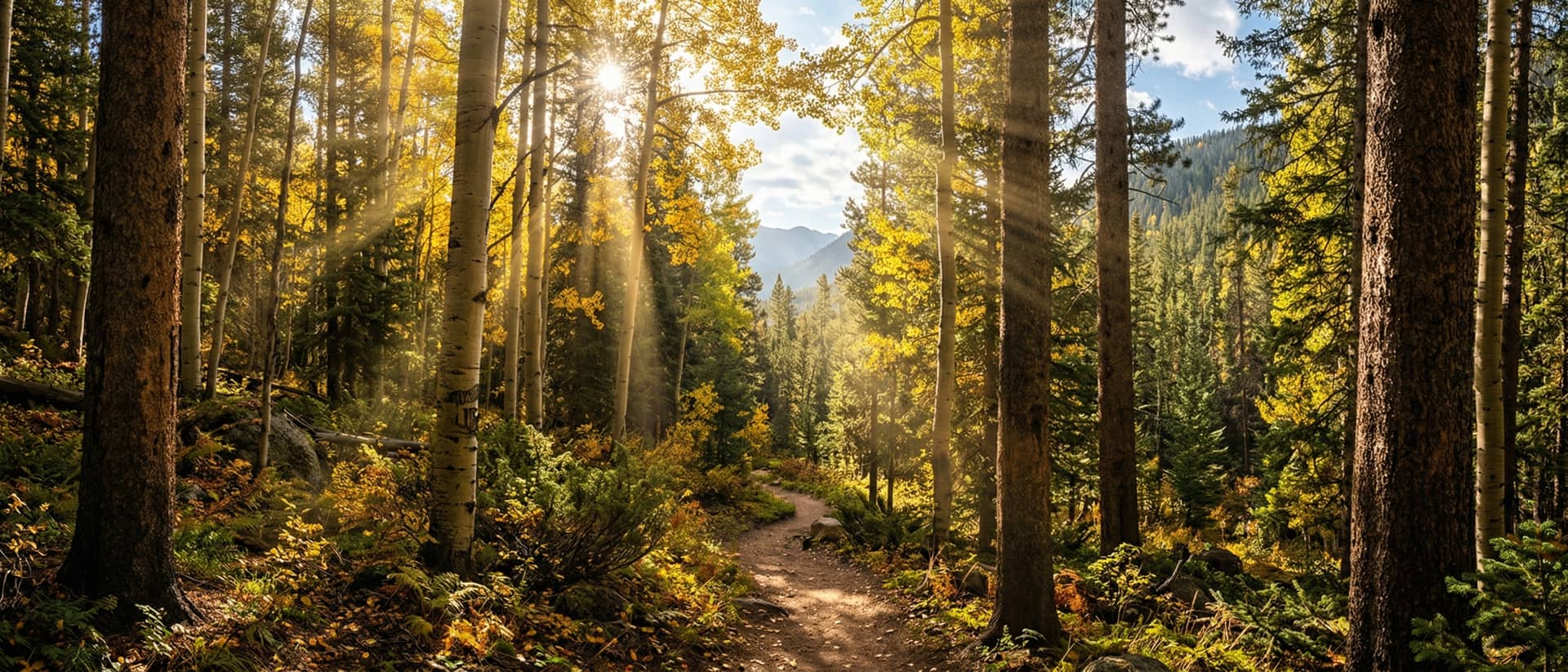 Sunlight breaking through Colorado forest trees