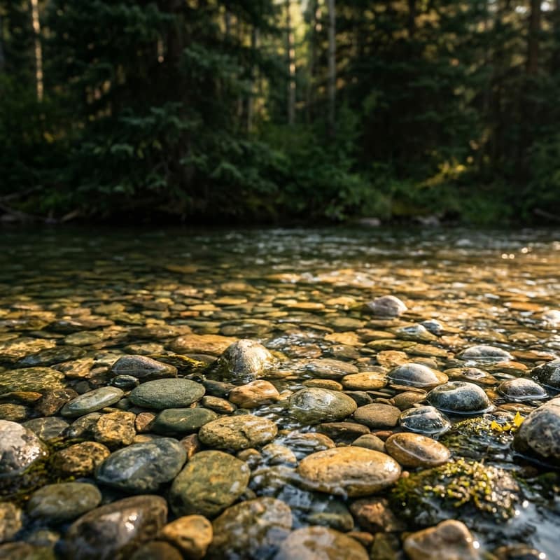 Smooth river stones in clear flowing water